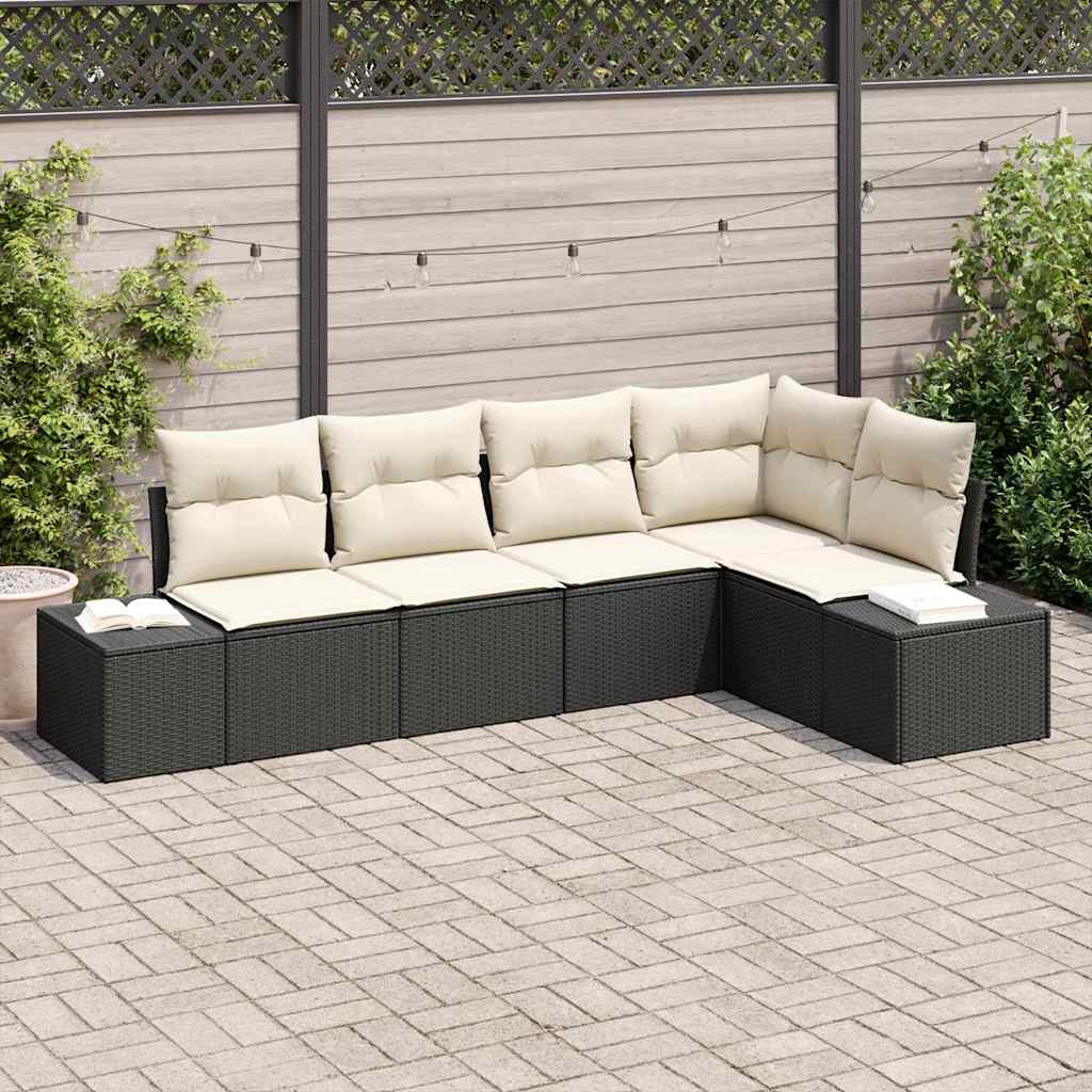5-delt havemøbelsofa sæt med puder Sort Poly Rattan