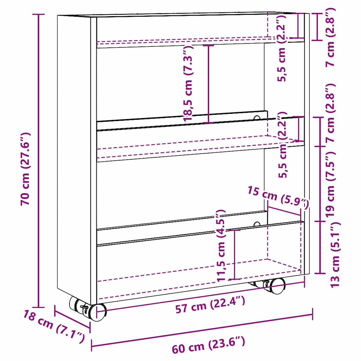 Narrow Storage Trolley 60 x 18 x 70 cm Konstrueret træ - Billede 11