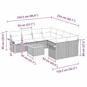 Sada zahradních pohovek s polštářem 9 pcs Béžová polyratan - obrázek 9
