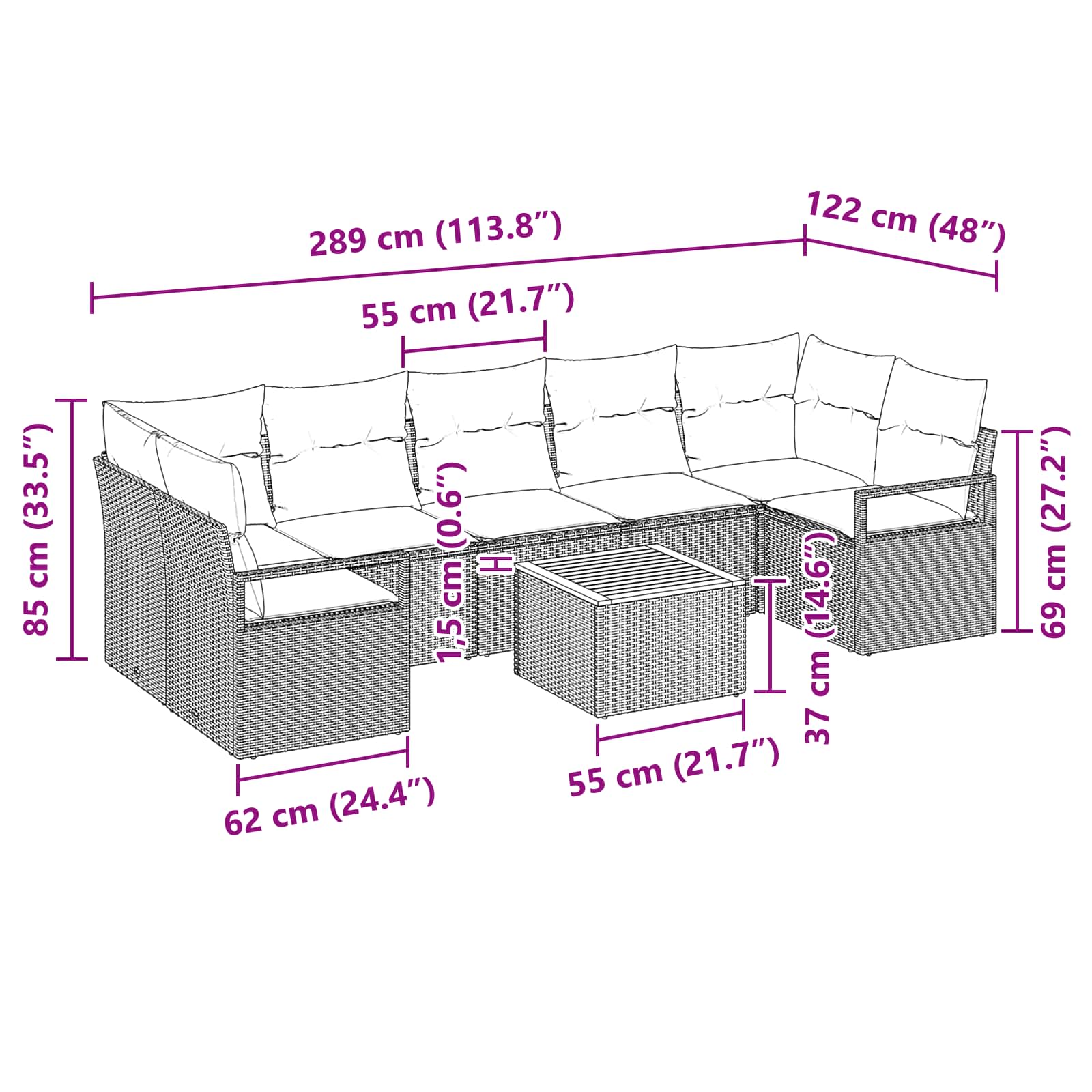 Sada zahradních pohovek s polštářem 8 pcs Šedá polyratan - obrázek 8