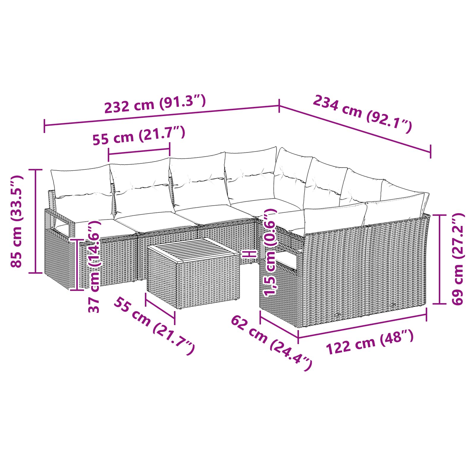 Sada zahradních pohovek s polštářem 9 pcs Šedá polyratan - obrázek 9