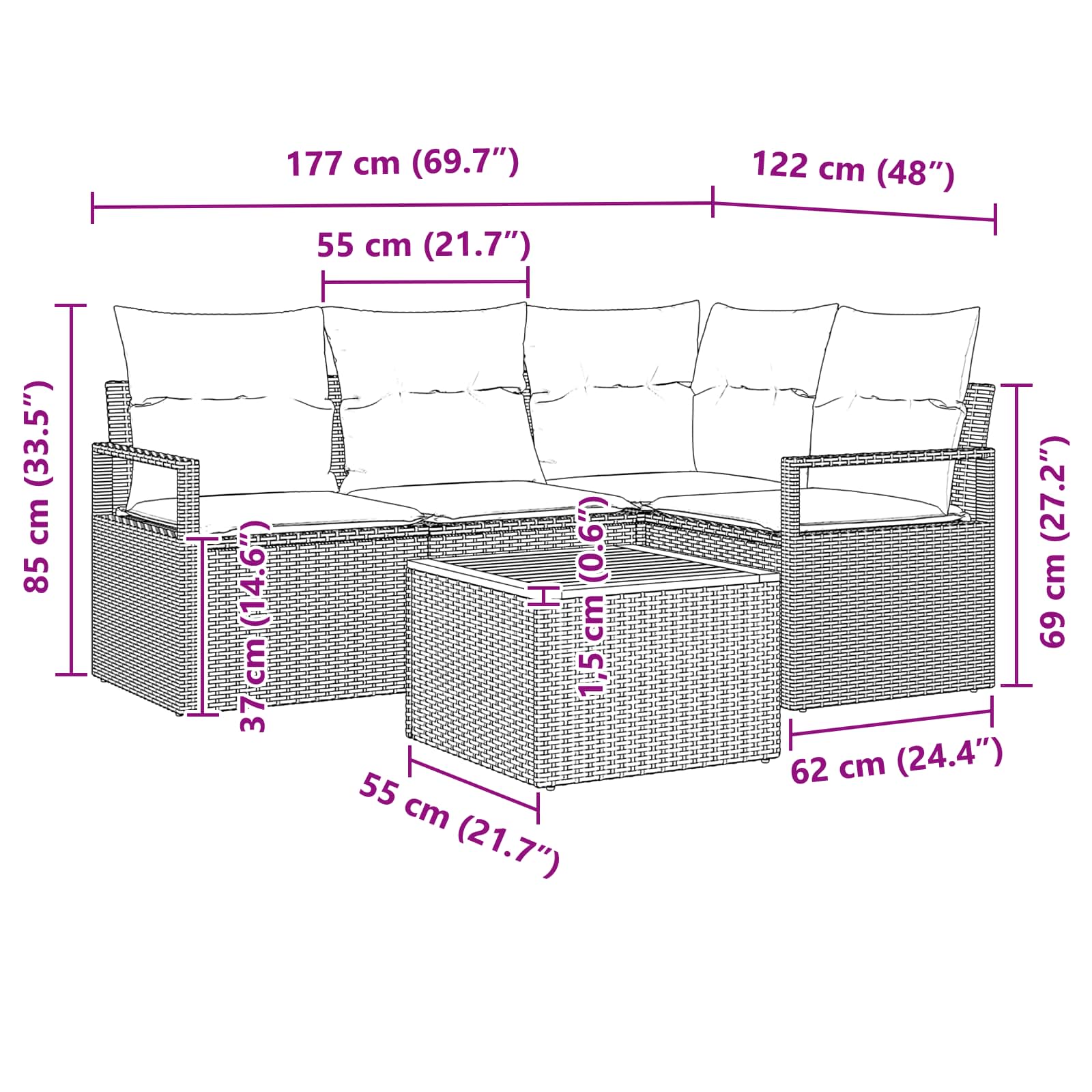Sada zahradních pohovek s polštářem 5 pcs Šedá polyratan - obrázek 9