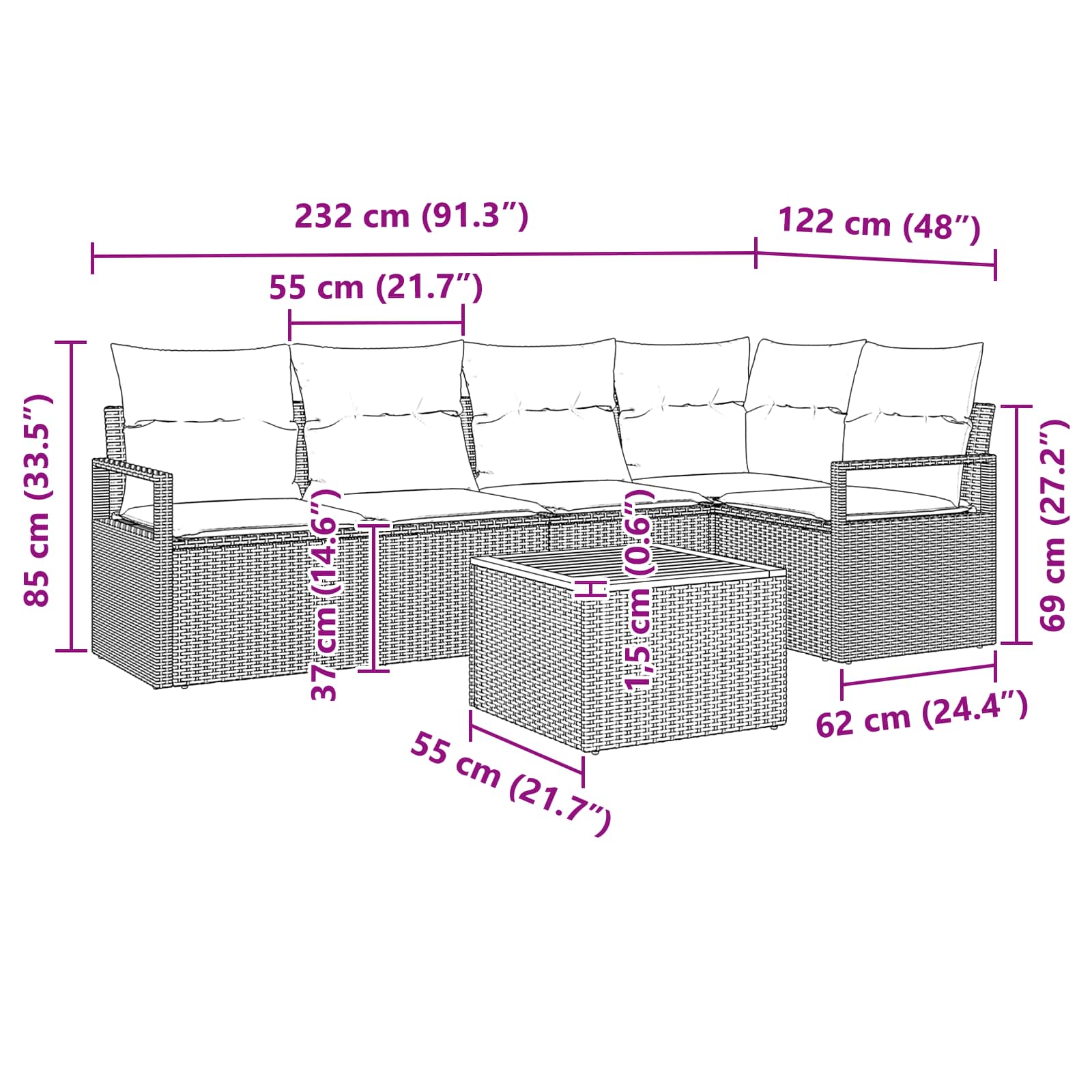 Sada zahradních pohovek s polštářem 6 pcs Šedá polyratan - obrázek 9