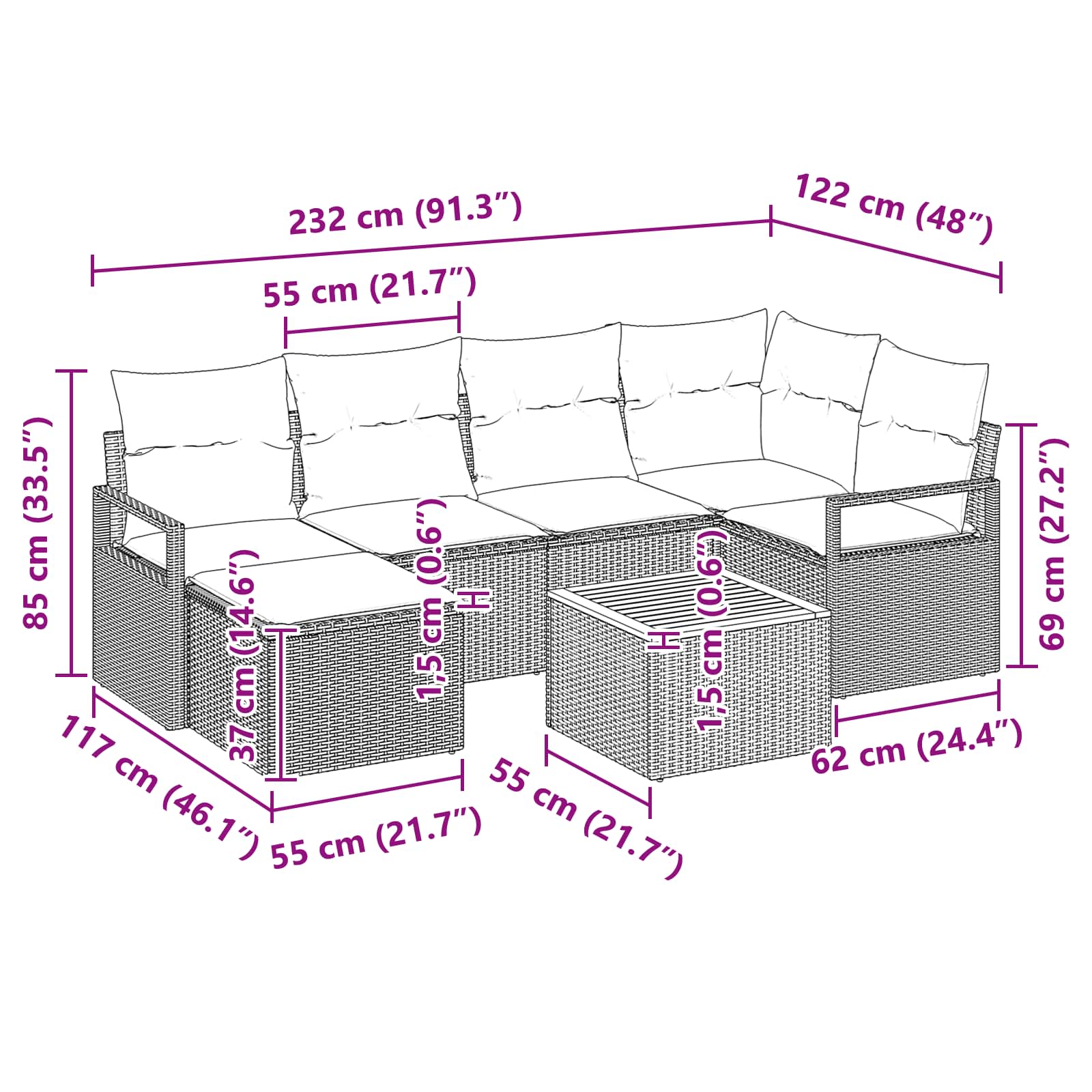 Sada zahradních pohovek s polštářem 7 pcs Šedá polyratan - obrázek 10