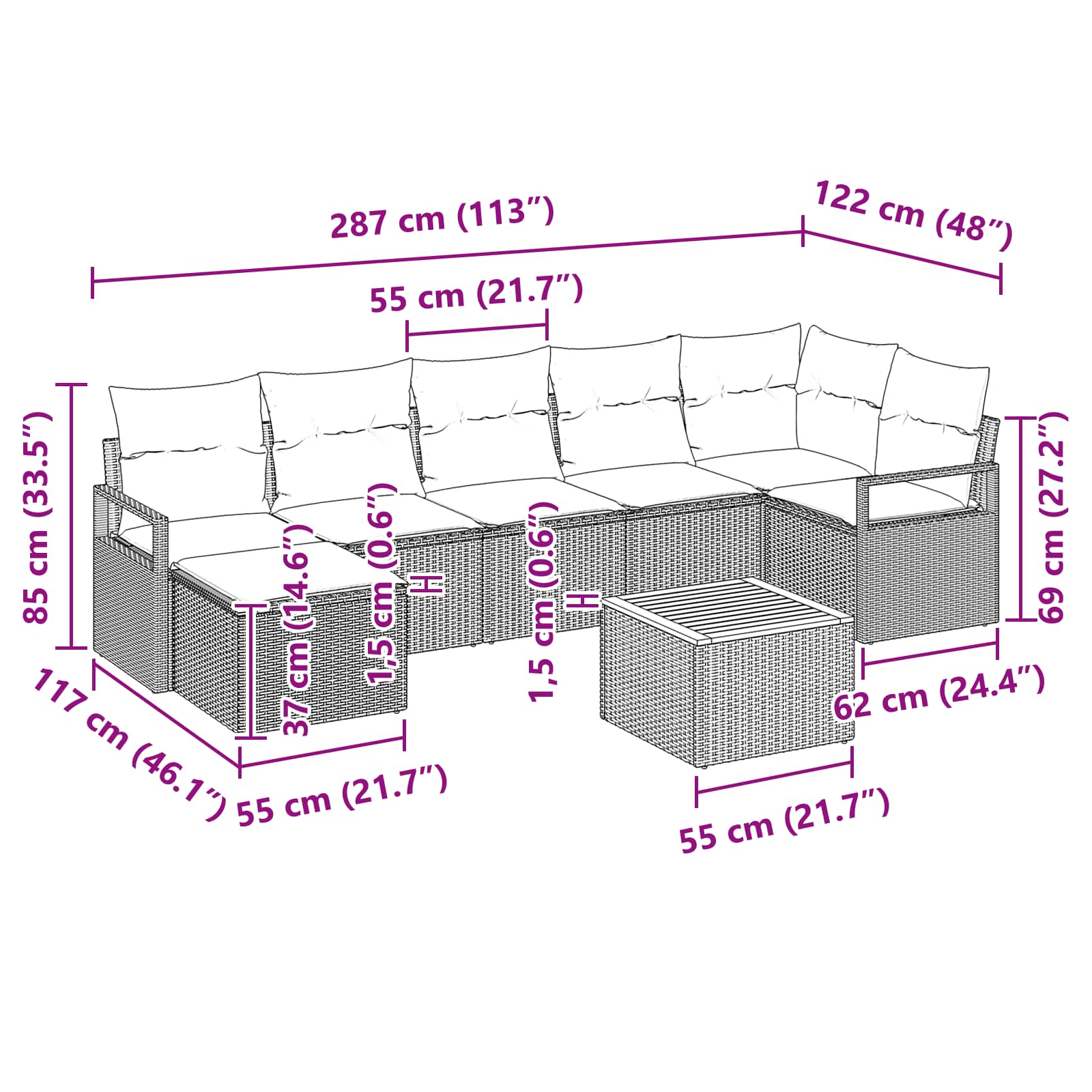 Sada zahradních pohovek s polštářem 8 pcs Šedá polyratan - obrázek 10