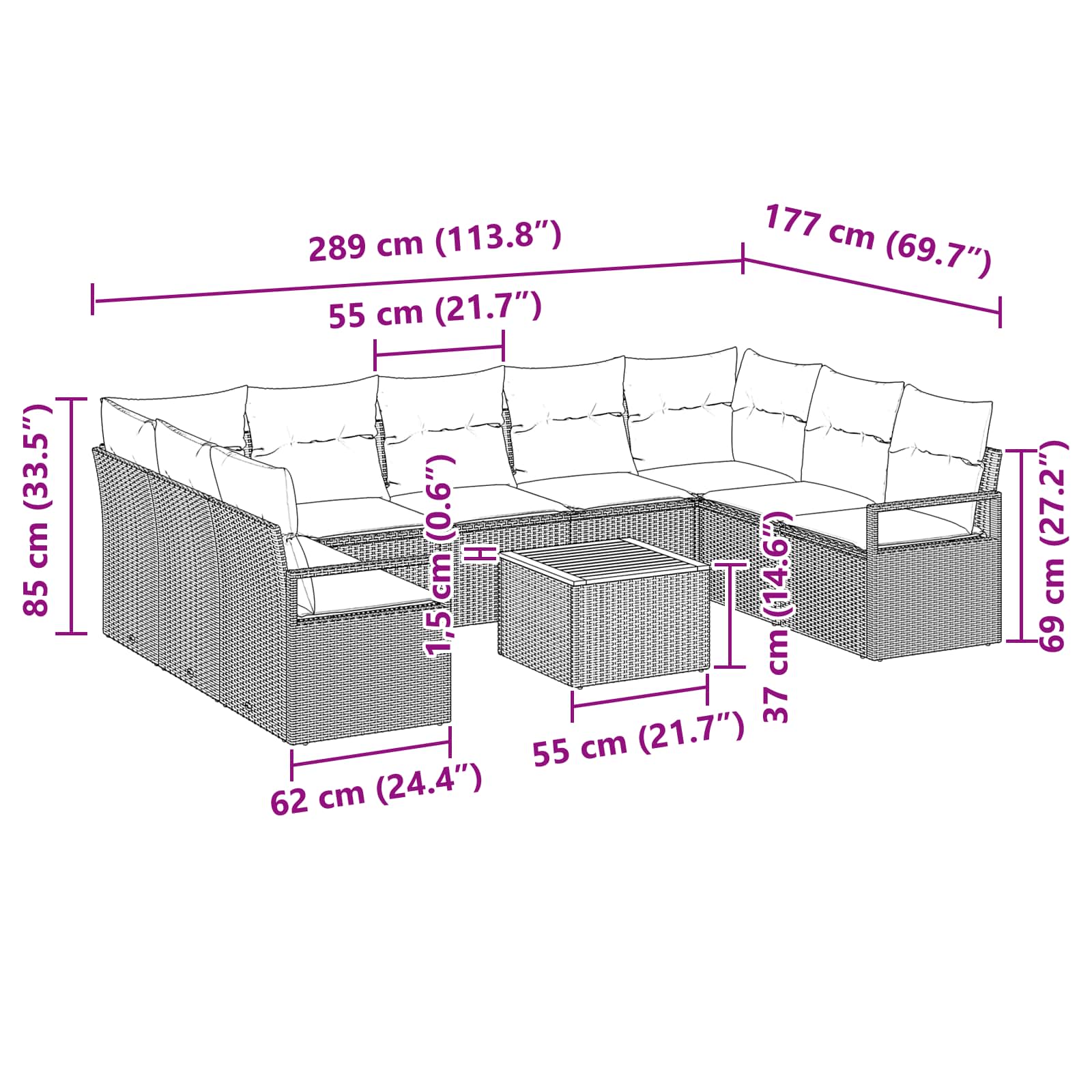 Vrtna sedežna garnitura z blazino 10 pcs Siva poli ratan - slika 9