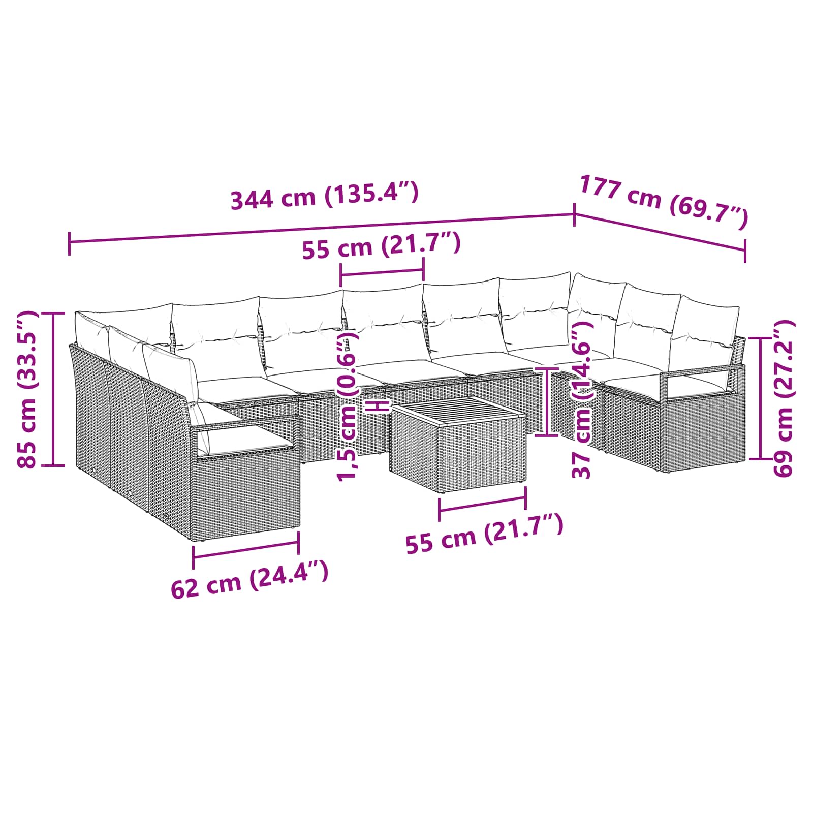 Vrtna sedežna garnitura z blazino 11 pcs Črna poli ratan - slika 9