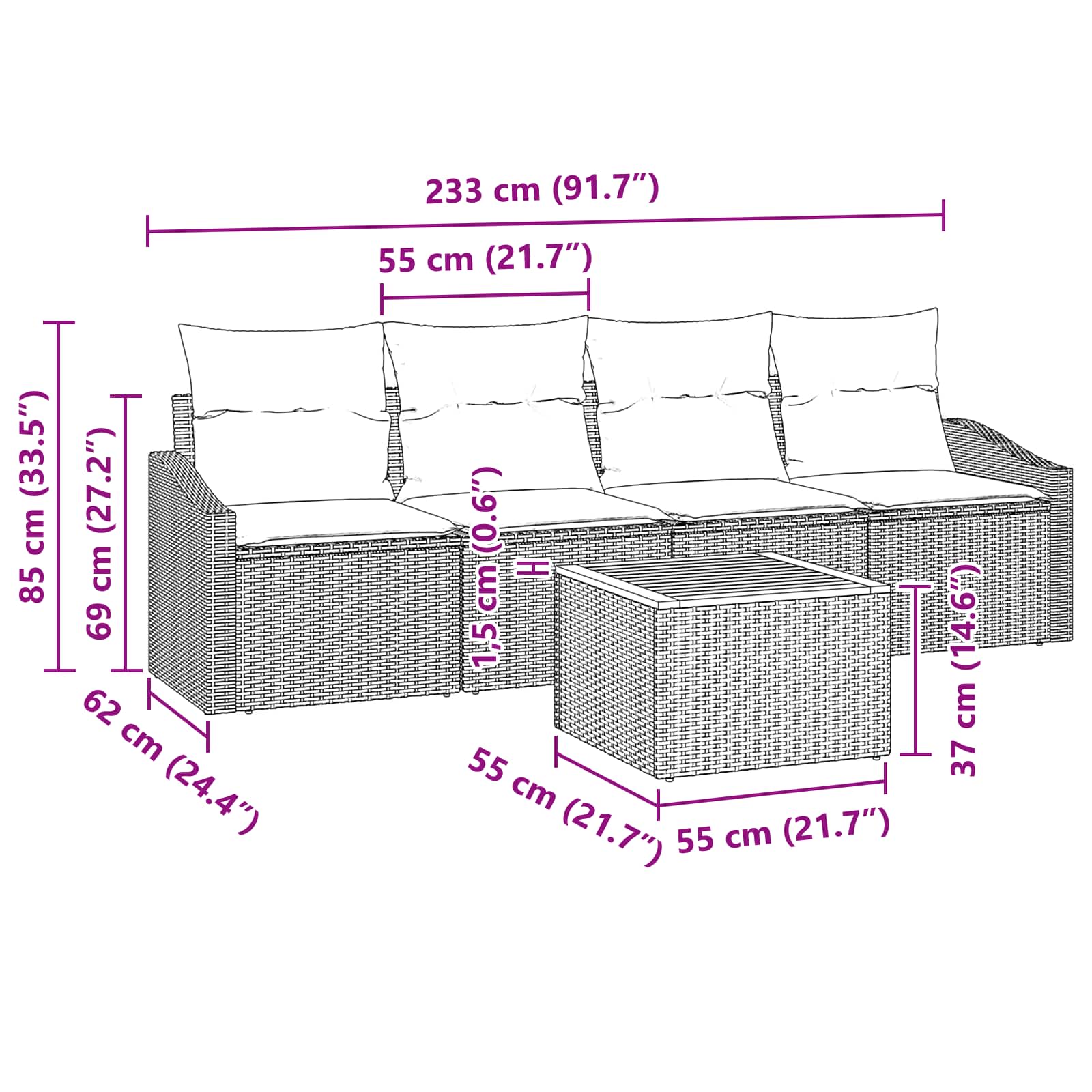 Vrtna sedežna garnitura z blazino 5 pcs Črna poli ratan - slika 8