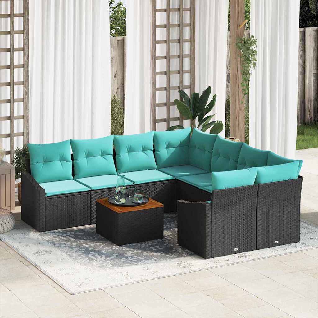 vidaXL Set de canapele pentru grădină cu pernă 9 pcs Negru poliratan