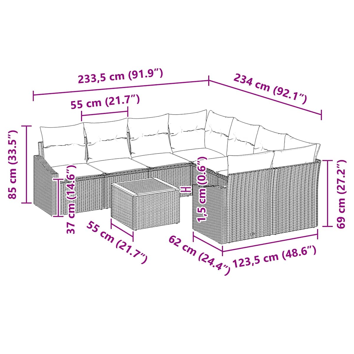 Havesofa Sæt 9 stk. Sort polyrattan - Billede 9