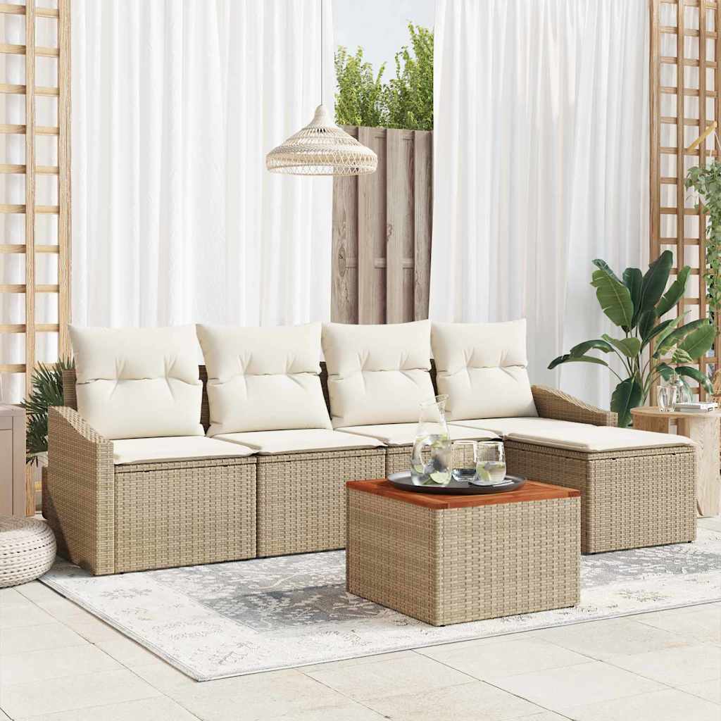 6 Piece Garden Sofa Set с Възглавници Бежов Полиратан Акация