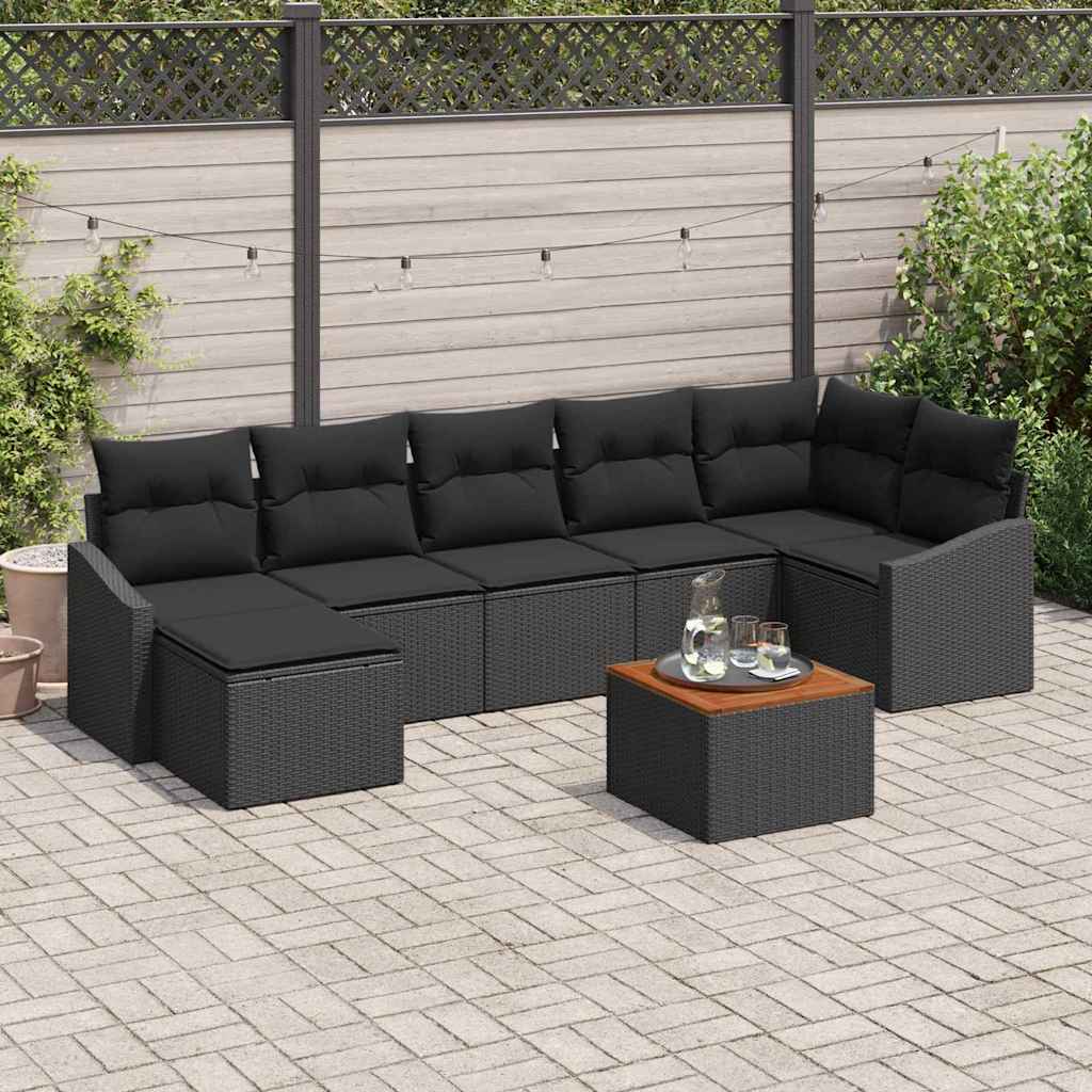 8 Piece Garden Sofa Set with Cushions Black Poly Rattan Acacia