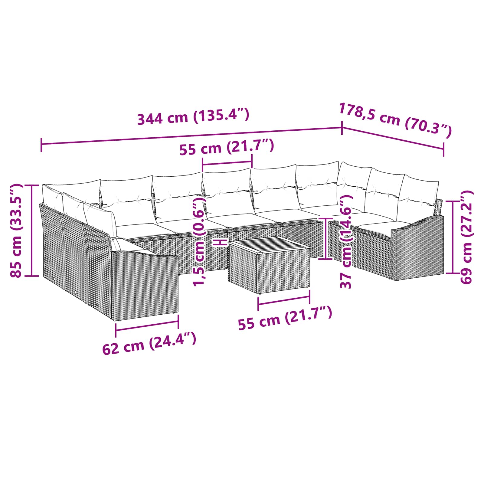 Sada zahradních pohovek s polštářem 11 pcs Černá polyratan - obrázek 9