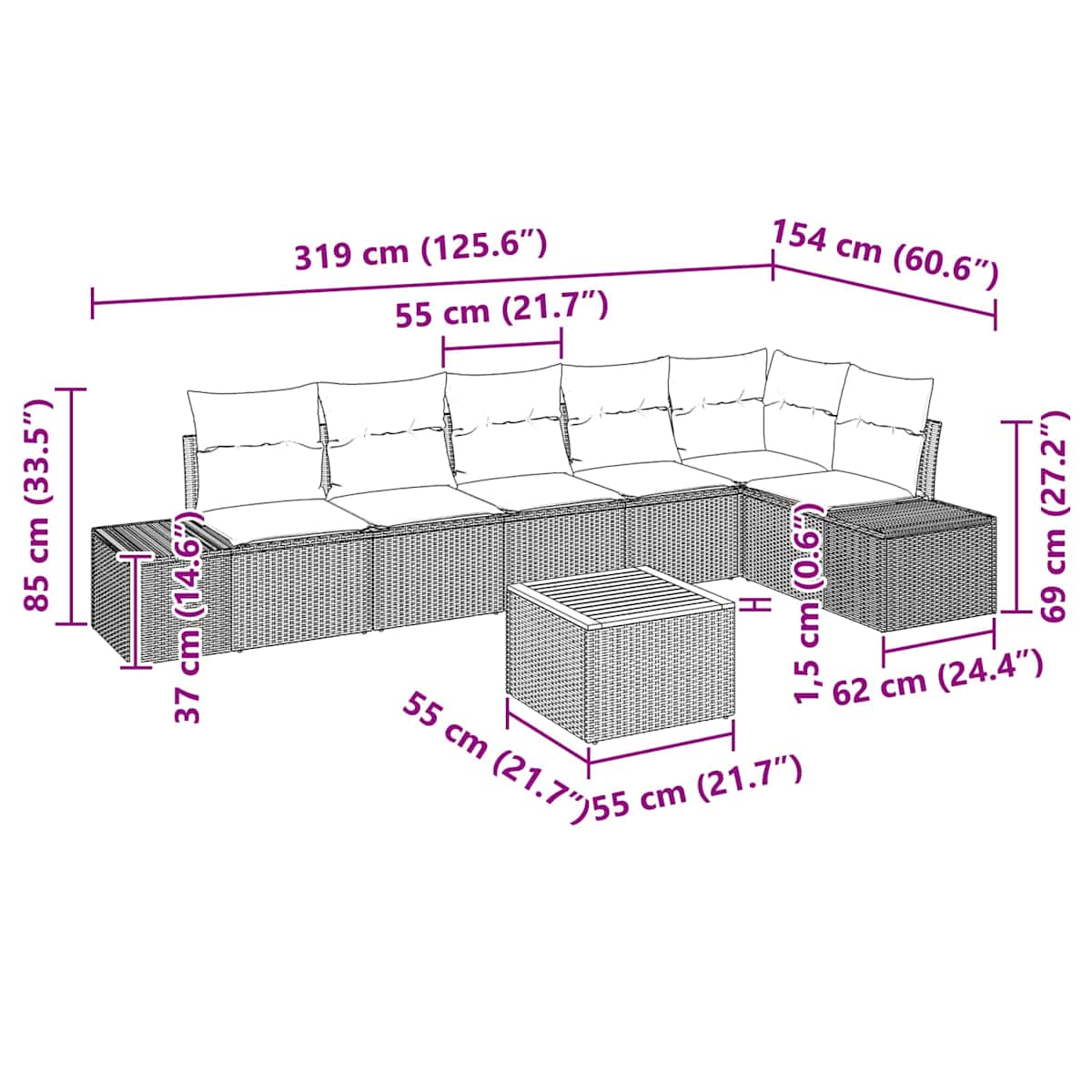 Havesofa Sæt 7 stk. Sort polyrattan - Billede 9