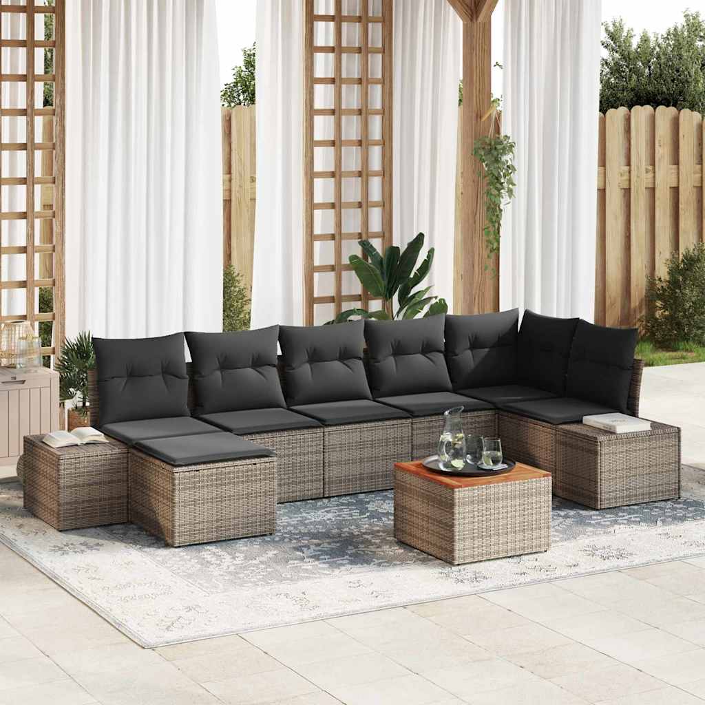 8-delt Have Sofa Sæt med Puder Grå Poly Rattan Acacia