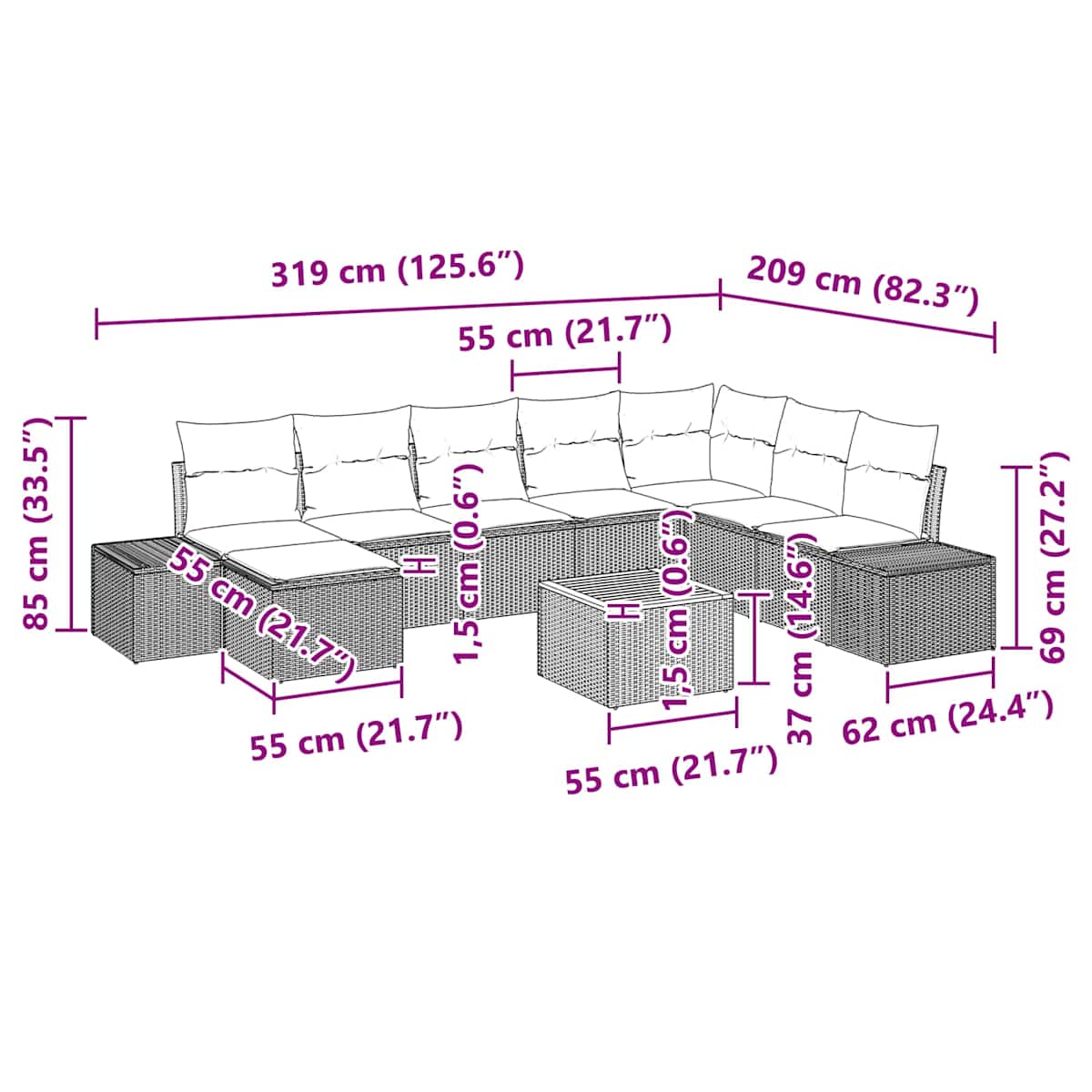 Havesofa Sæt 9 stk. Sort polyrattan - Billede 10