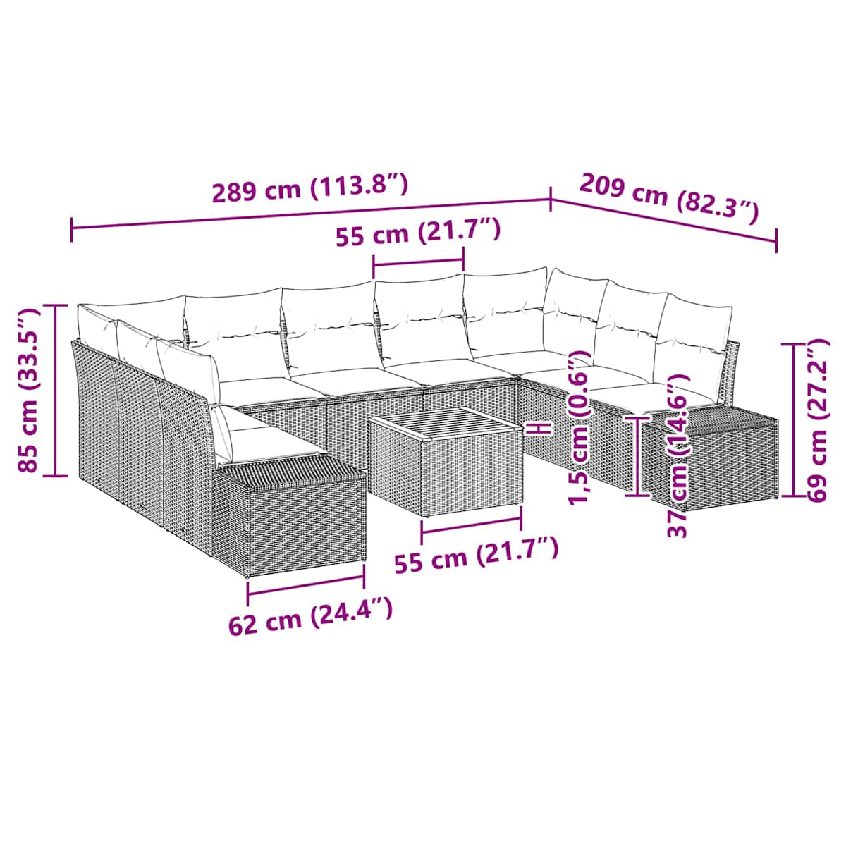 Havesofa Sæt 10 stk. Sort polyrattan - Billede 9