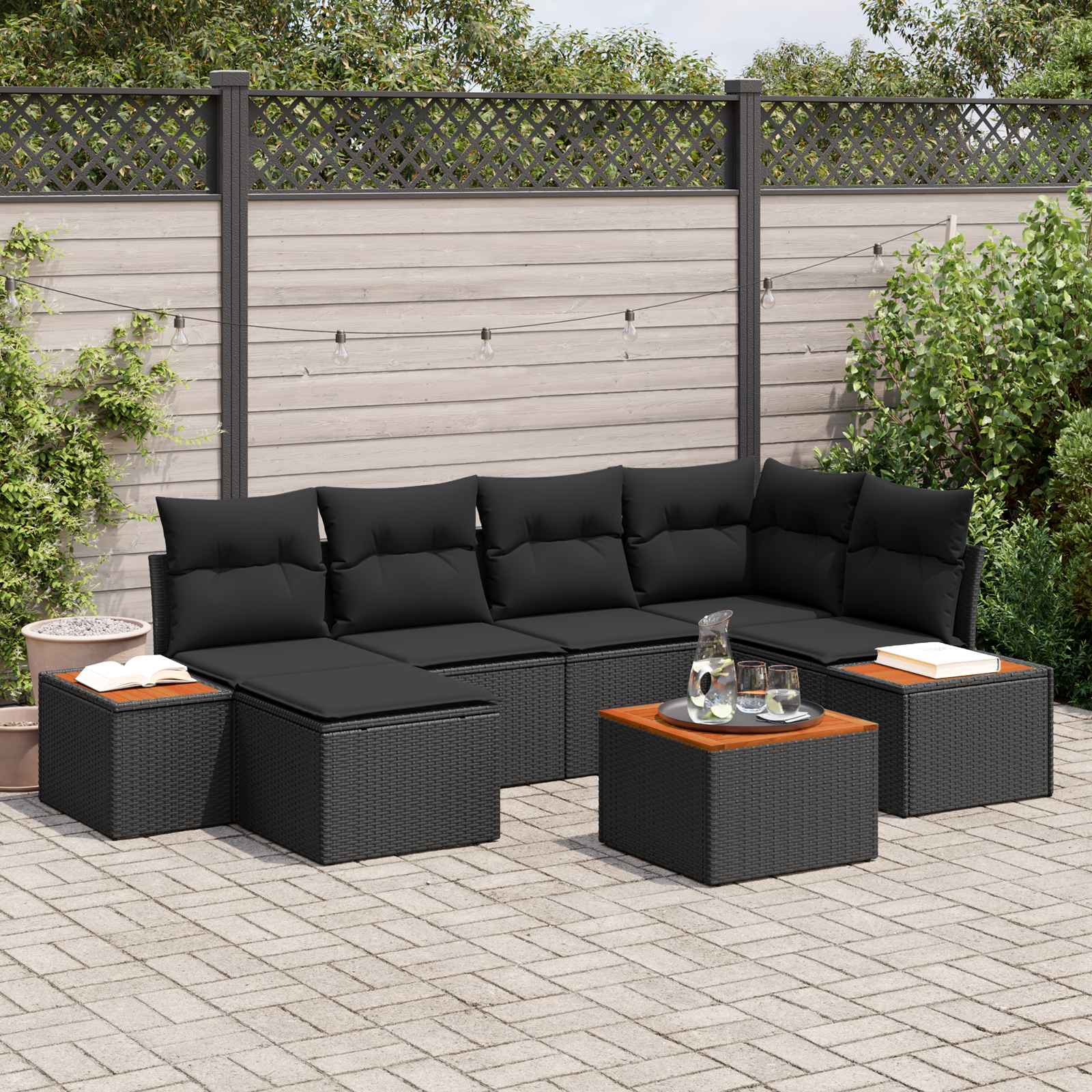 vidaXL Garten-Sofa-Set mit Kissen 7 pcs Schwarz Poly-Rattan