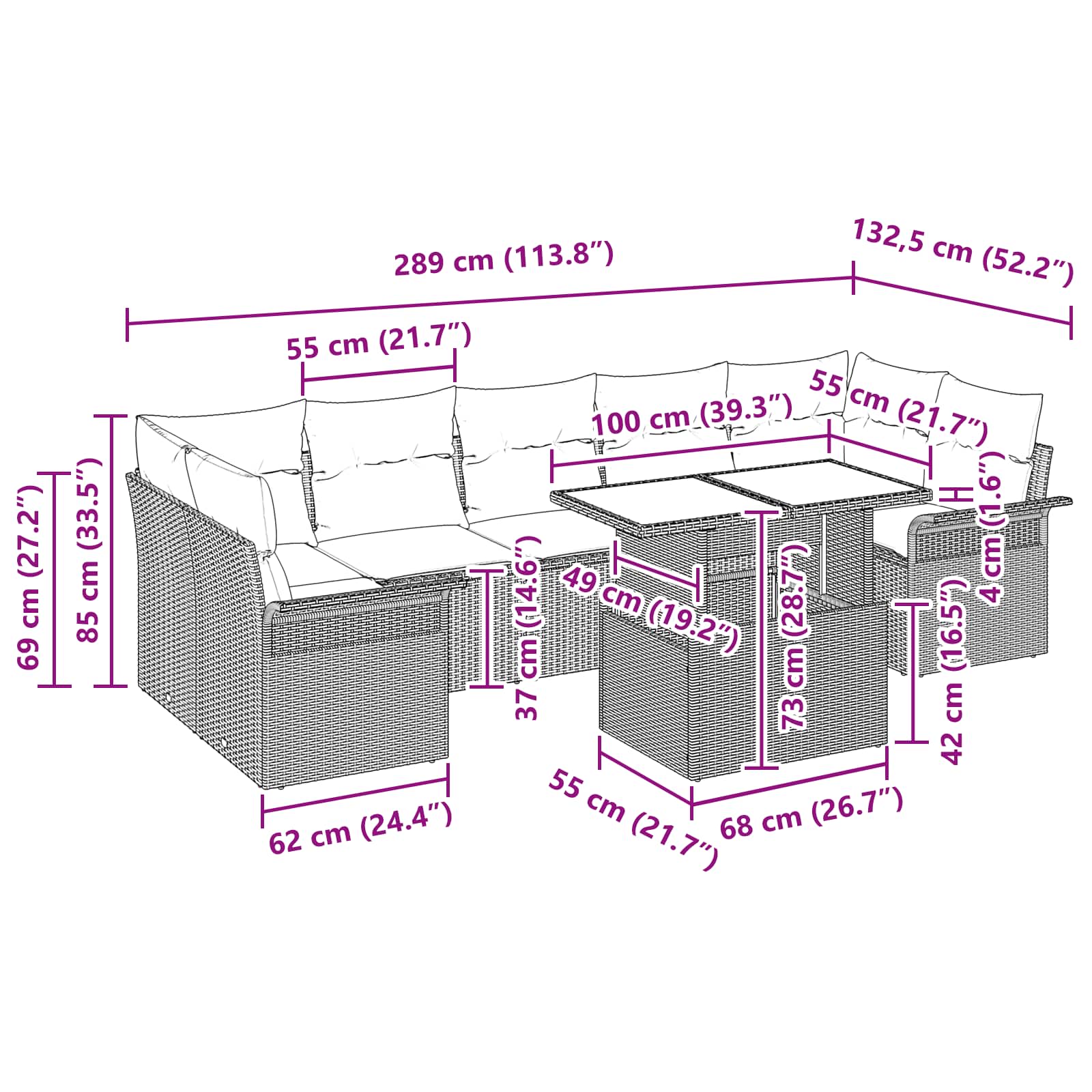 Sada zahradních pohovek s polštářem 8 pcs Hnědá polyratan - obrázek 11