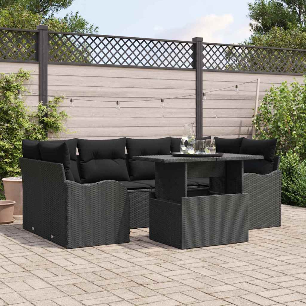 7 Piece Garden Sofa Set с Възглавници Черен Полиратан, vidaXL Двуместен Градински Диван с Възглавници Черен Полиратан