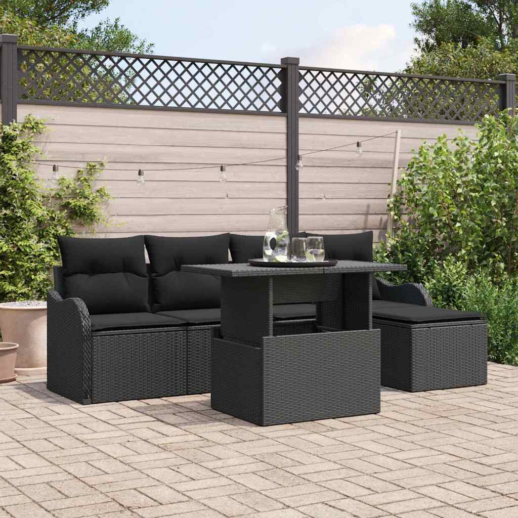 6 Piece Garden Sofa Set with Cushions Black Poly Rattan