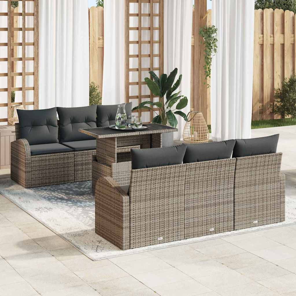 7-teiliges Garten-Sofa-Set mit Kissen - Graues Poly-Rattan