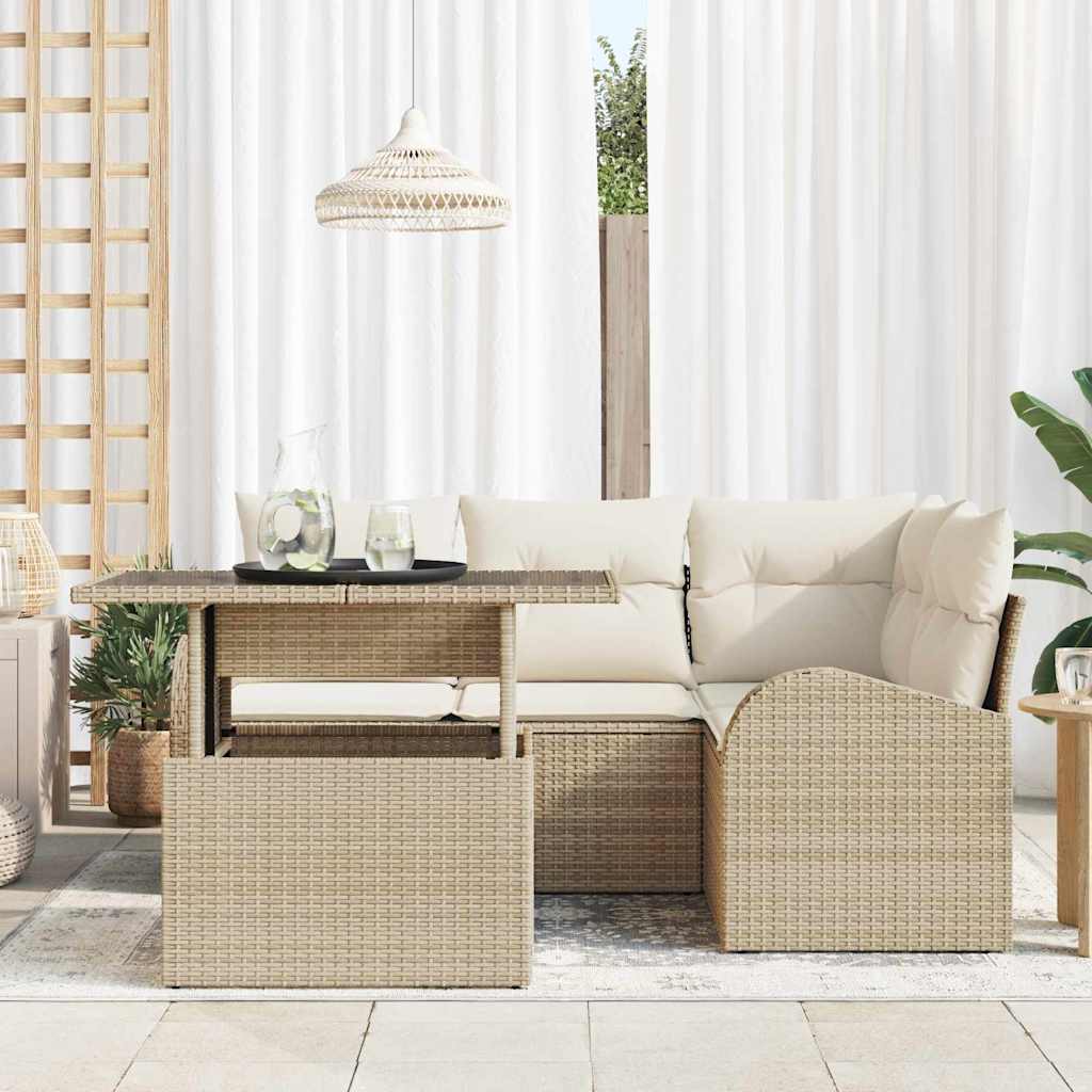 vidaXL 5-delige tuinbankset met kussens in beige poly rattan