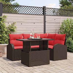 Vrtna sedežna garnitura 5 pcs Rjava in rdeča poli ratan