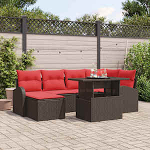 Vrtna sedežna garnitura 7 pcs Rjava in rdeča poli ratan