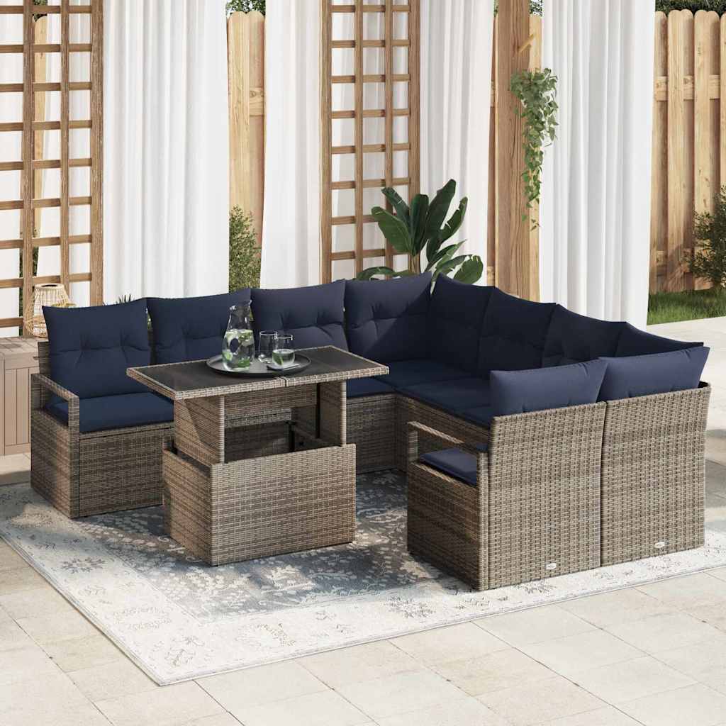 Tuin Sofa Set met opslag 9 pcs Grijs en Marineblauw poly rattan