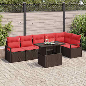 Vrtna sedežna garnitura 7 pcs Rjava in rdeča poli ratan