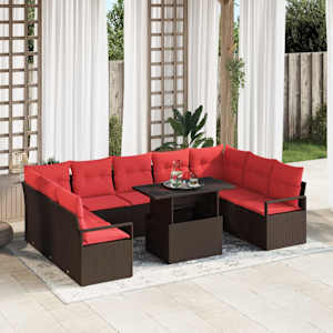 Vrtna sedežna garnitura 10 pcs Rjava in rdeča Poly ratan