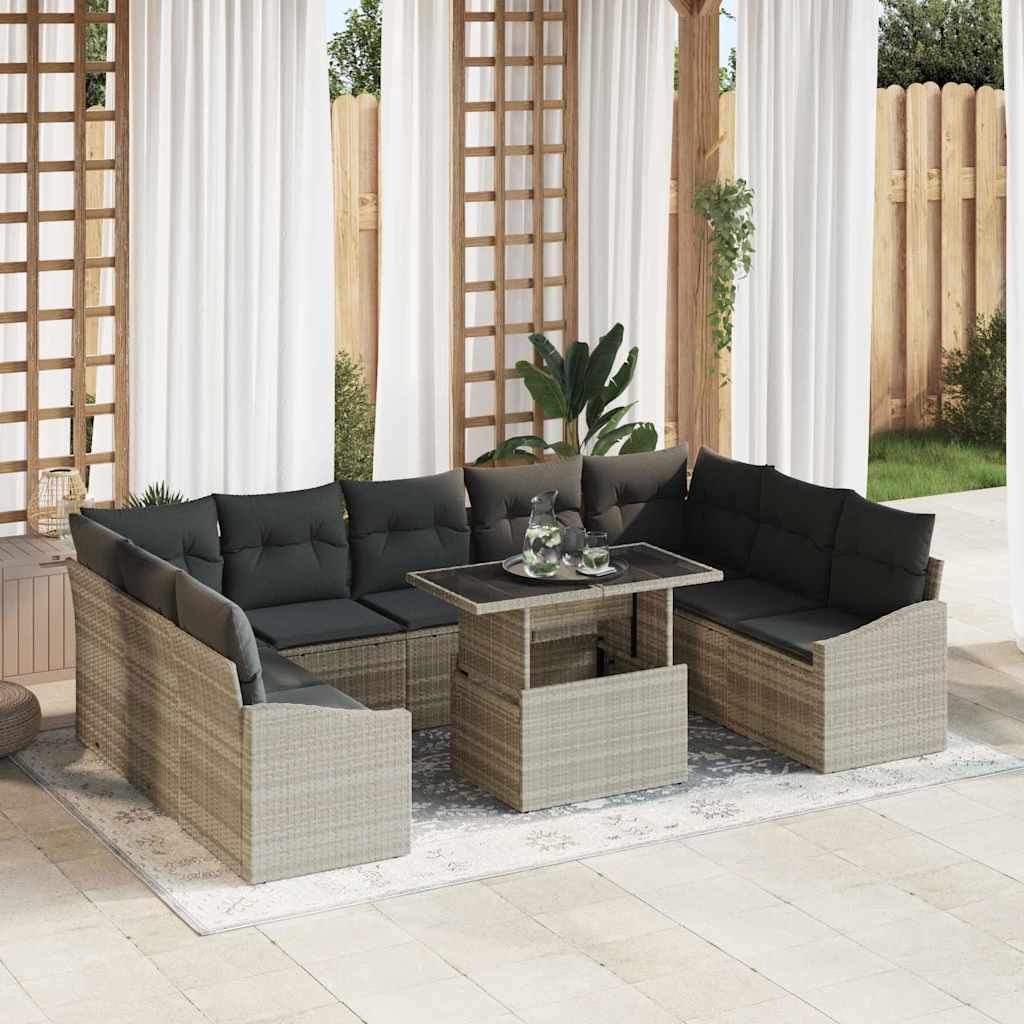 10 части градински диван комплект с възглавници в светло сив poly rattan