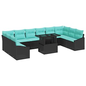 Set pohovek s polštářem 11 pcs Černá a modrá polyratan - obrázek 2