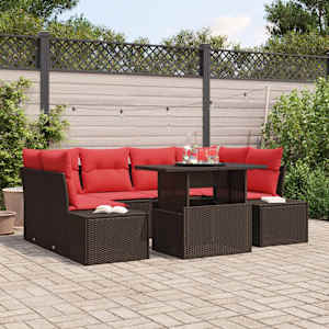 Kavčna garnitura z blazino 7 pcs Rjava in rdeča poli ratan