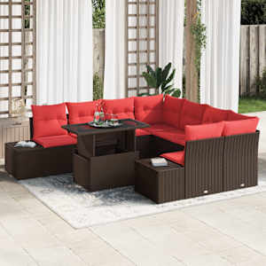 Vrtna sedežna garnitura 9 pcs Rjava in rdeča poli ratan