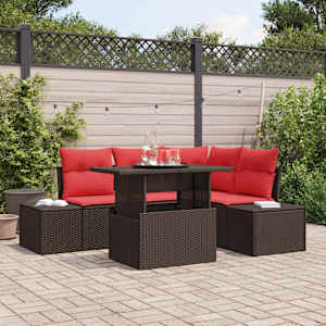 Vrtna sedežna garnitura 6 pcs Rjava in rdeča poli ratan