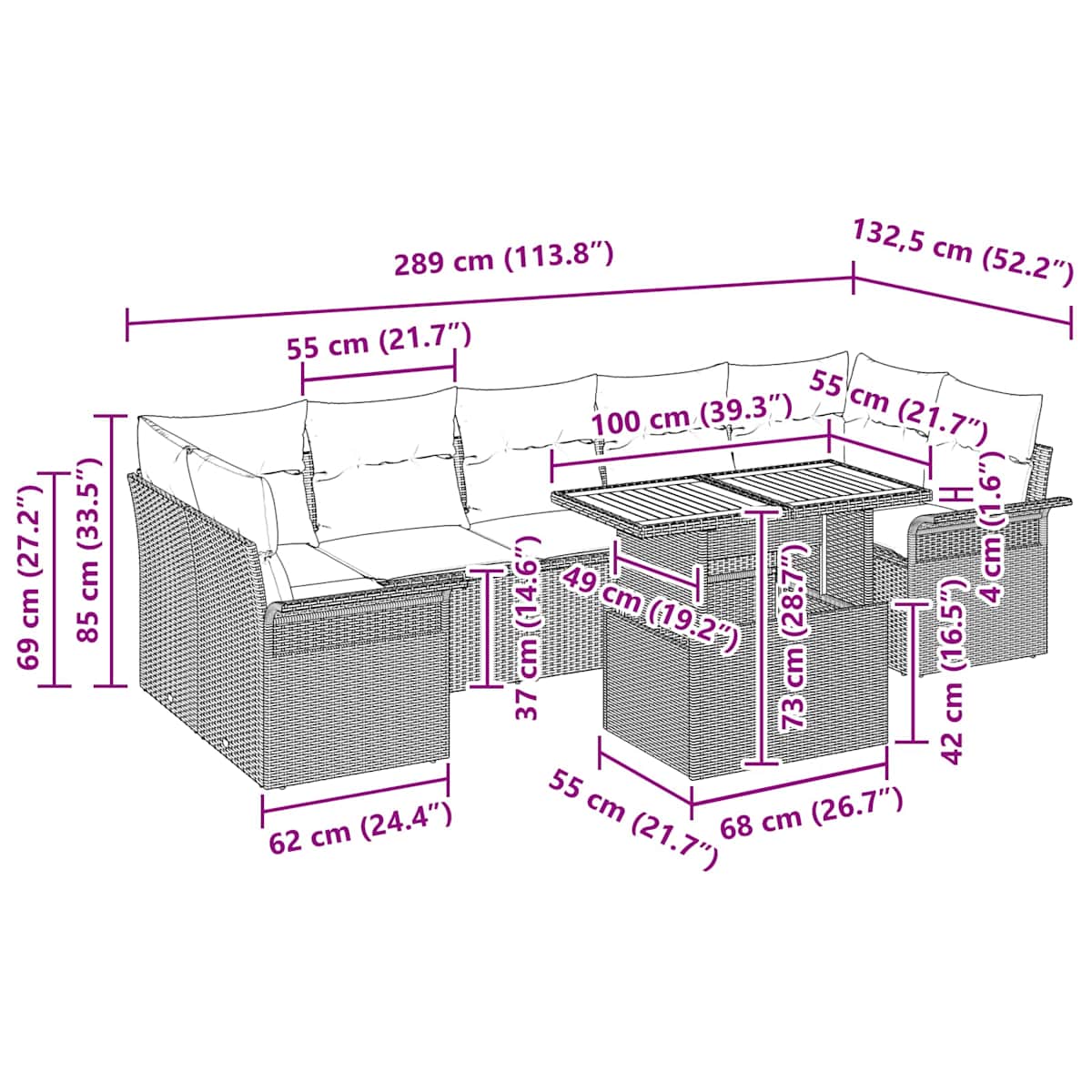 Havesofa Sæt 8 stk. Grå og Marineblå polyrattan - Billede 11