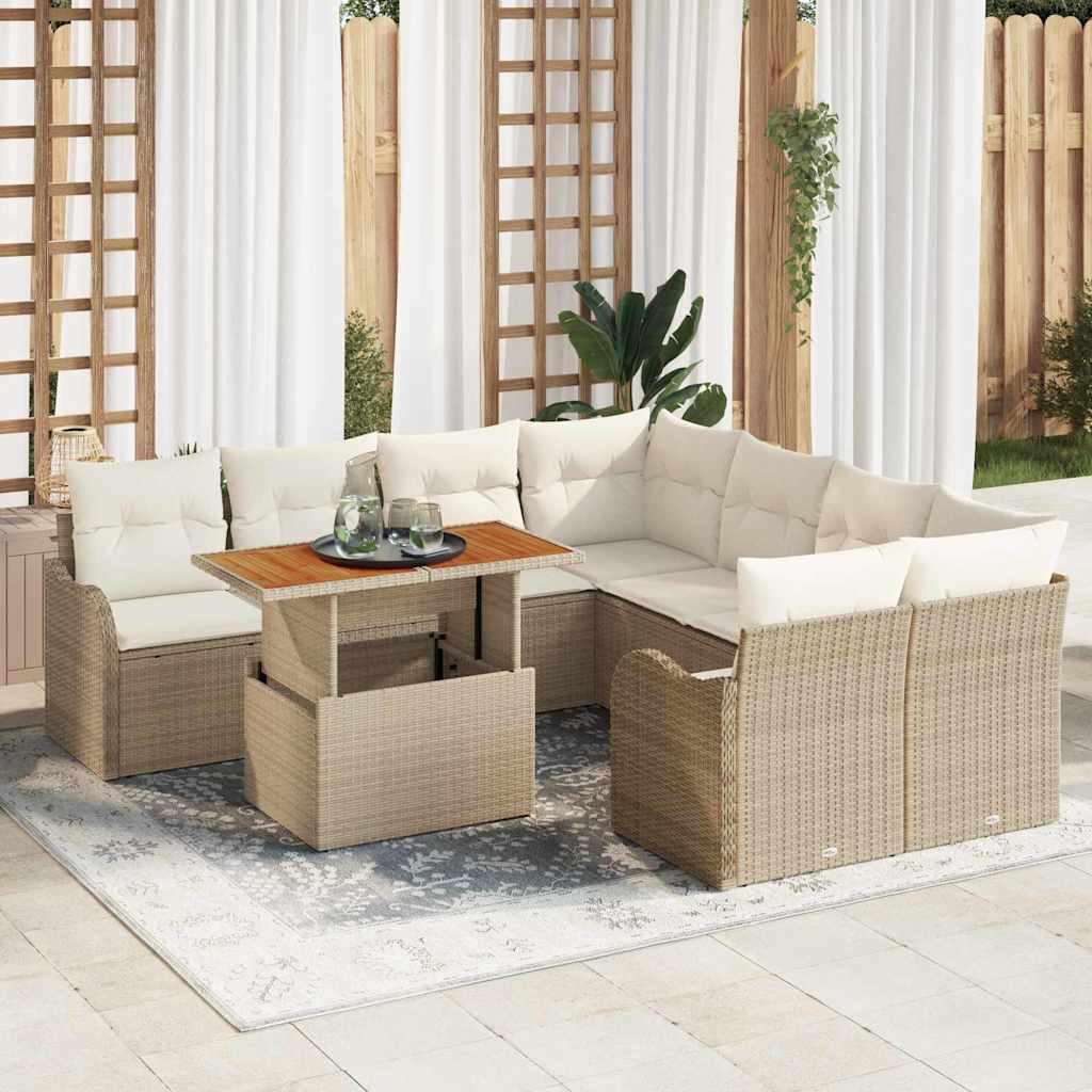 Garden Sofa Set с 9 части и възглавници Бежов Poly Rattan Acacia, 2-местен градински диван с възглавници Бежов Poly Rattan