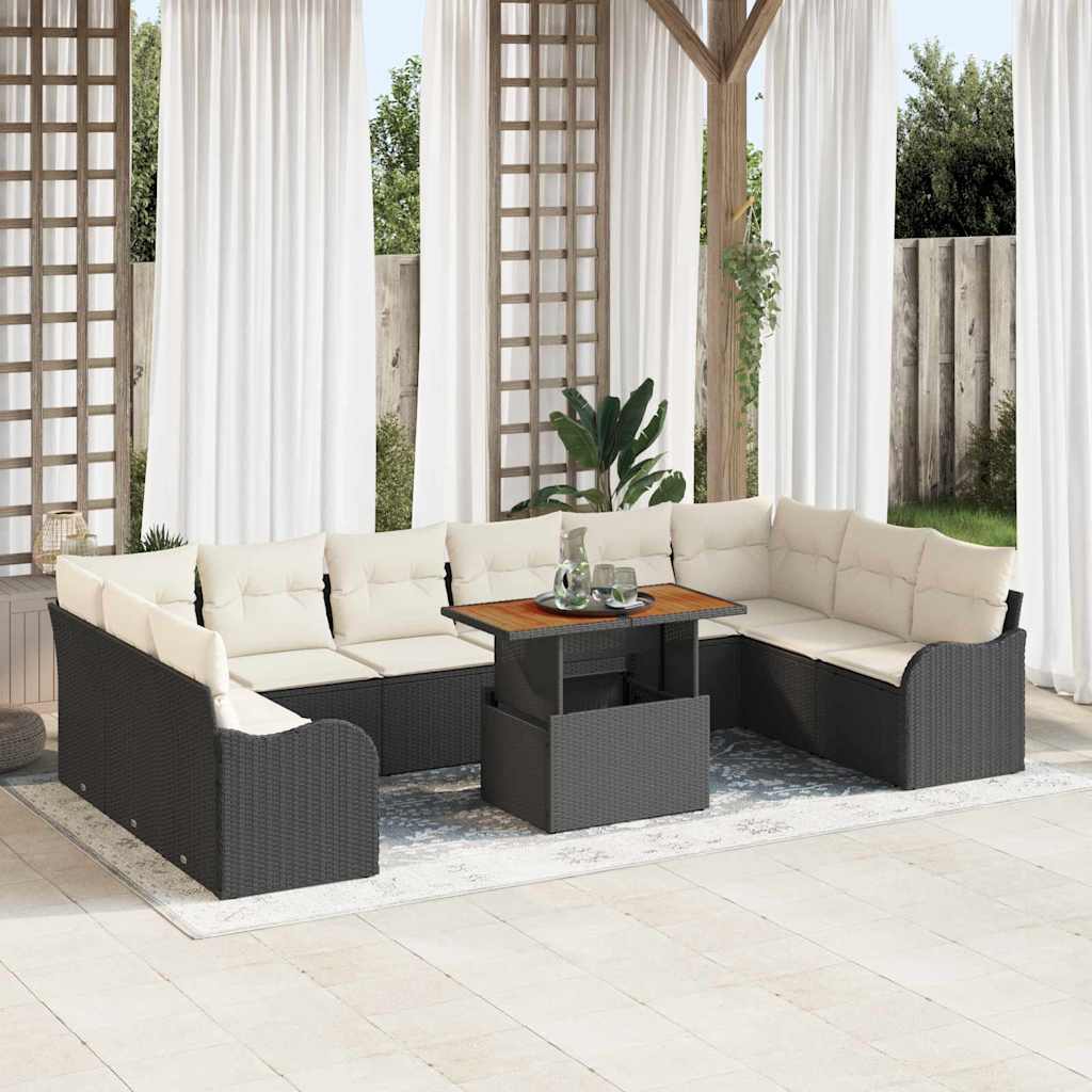 11 Piece Garden Sofa Set with Cushions Black Poly Rattan Acacia
