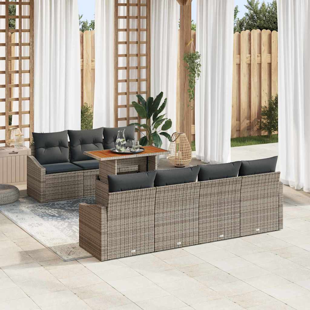 8 Piece Garden Dining Set with Cushions Grey Poly Rattan Acacia