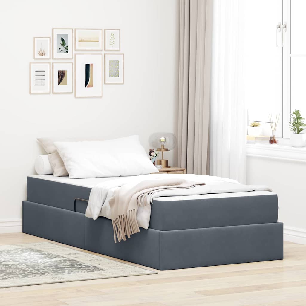 vidaXL Pat cu saltea și spațiu de depozitare Gri închis 90 x 190 cm