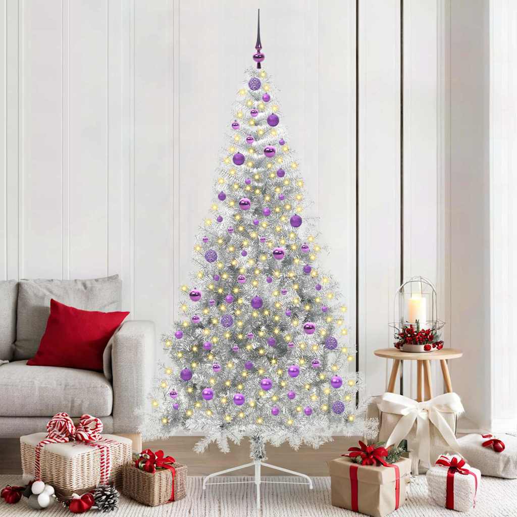 Sapin de Noël artificiel pré-éclairé Argent 210 cm PET