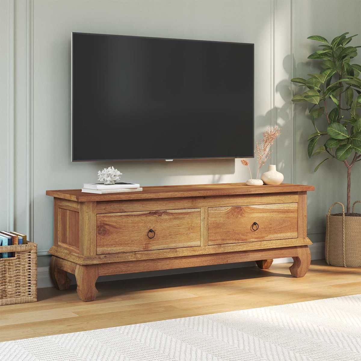 TV-bord med skuffe Naturfarvet 110 x 35 x 40 cm Massiv Teaktræ - Billede 4