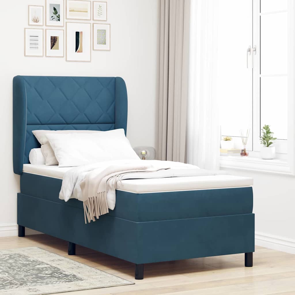 Boxspring Seng med Madras Mørkeblå 90x200 cm Fløjl
