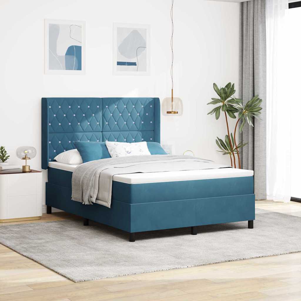 Box Spring Voodi koos Mattressiga Tumedasinine 140x190 cm Samet