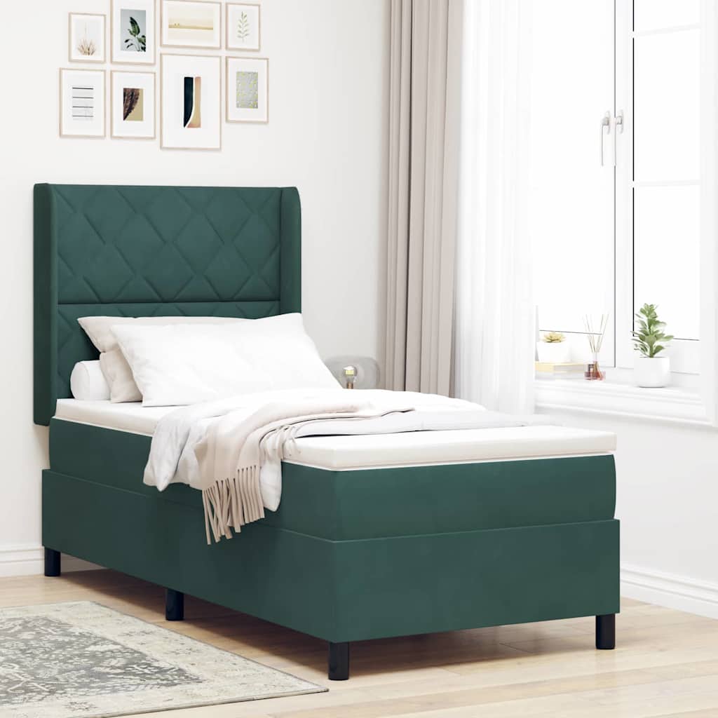 vidaXL Pat cu arcuri cu headboard Verde închis 90 x 200 cm Catifea
