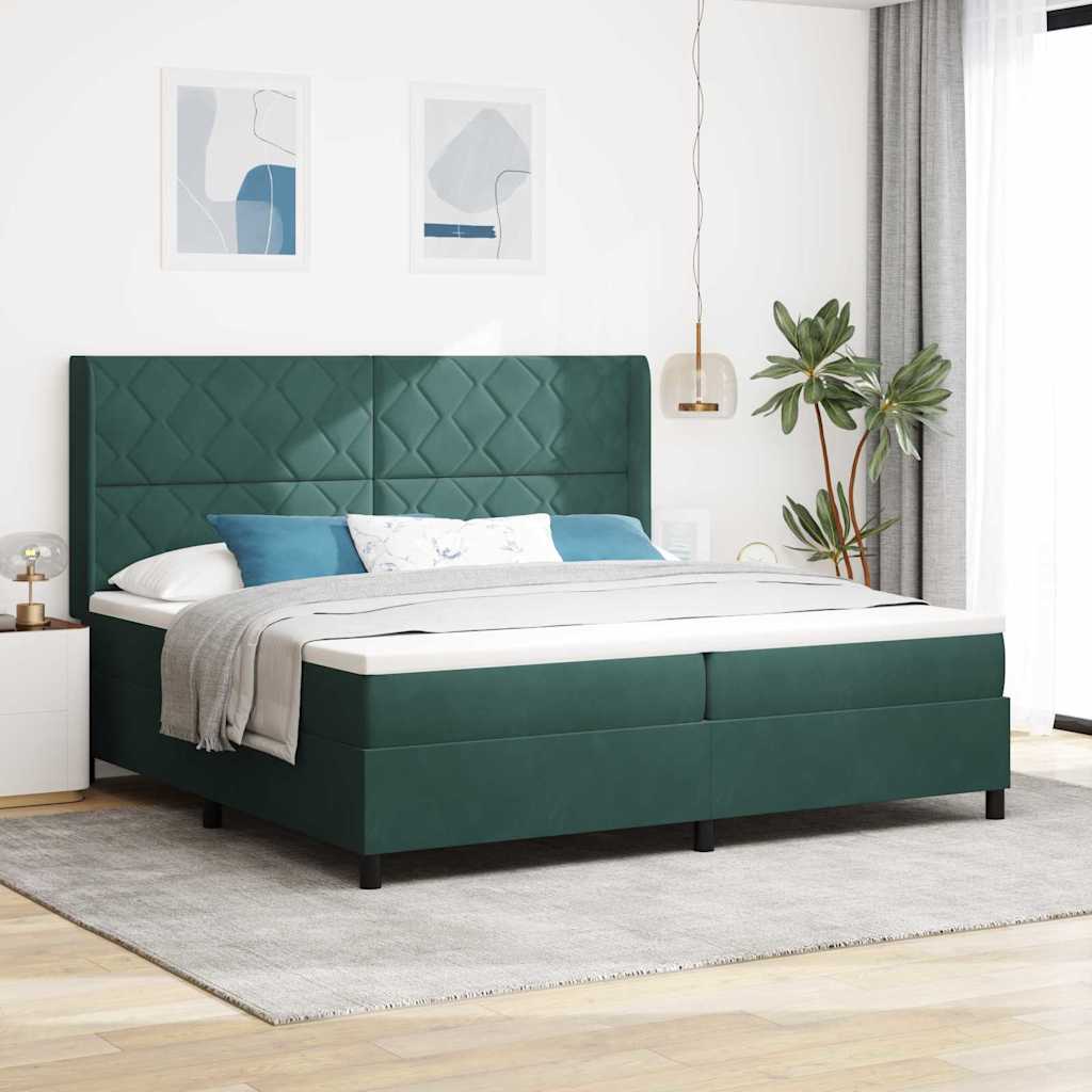 Paturi & cadre pat - Pat cu arcuri cu headboard Verde închis 200 x 200 cm Catifea