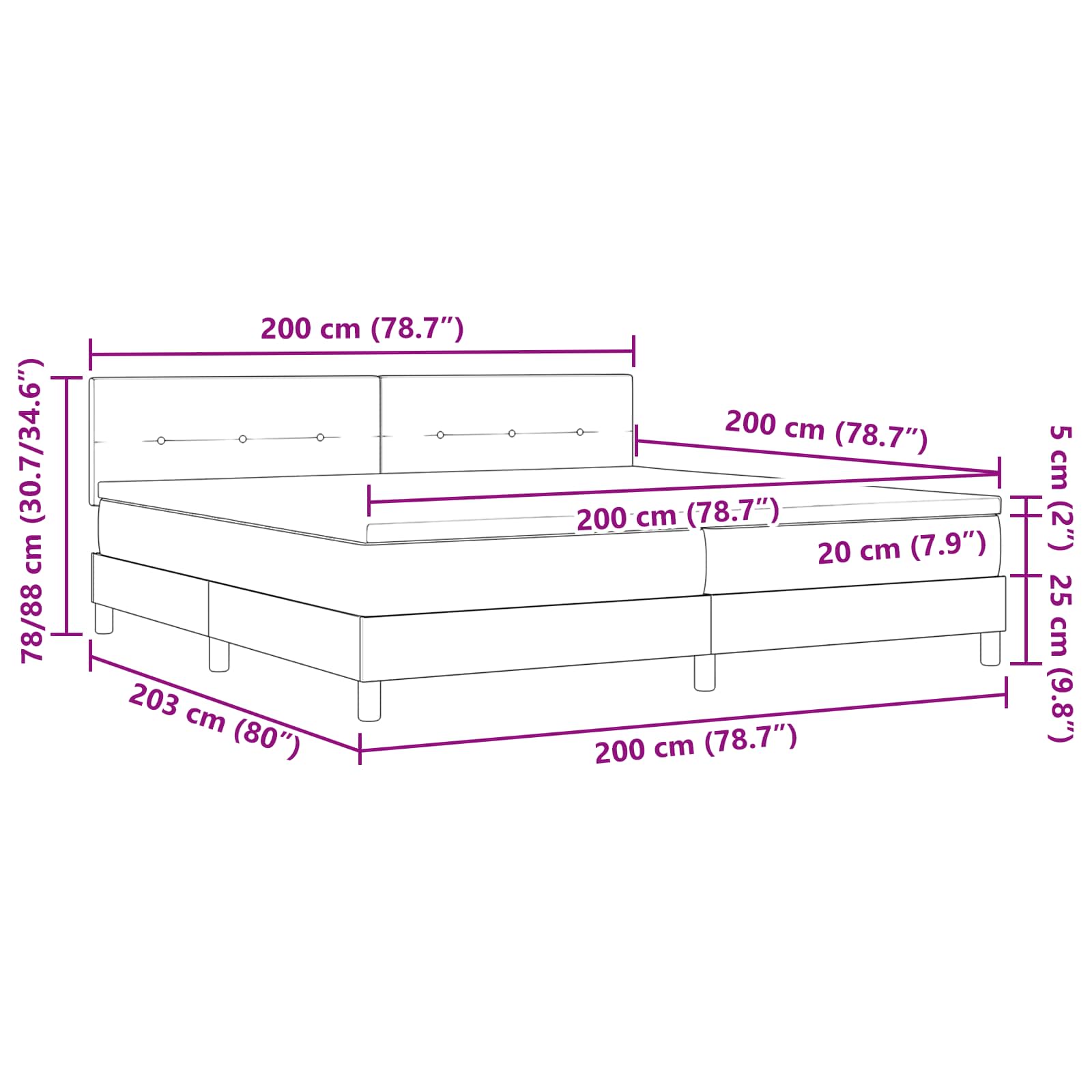 Postelja z vzmetnico z vzglavjem Temno rjava 200 x 200 cm blago