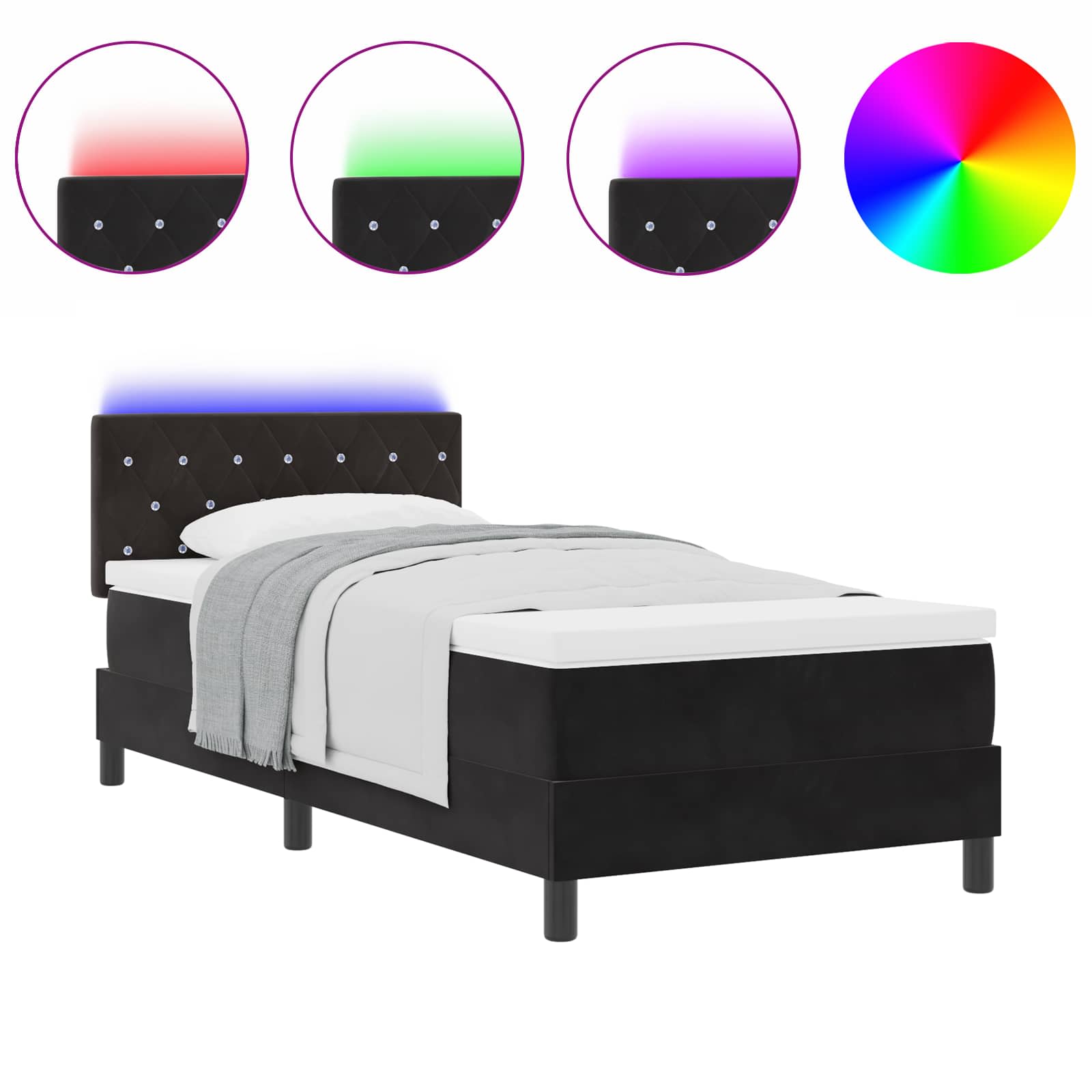LED Box Spring Voodi madratsiga peaga Must 90 x 190 cm Samet 25 Kõik vajalik sinu aeda ja koju! LED Box Spring Voodi madratsiga peaga Must 90 x 190 cm Samet - Image 2